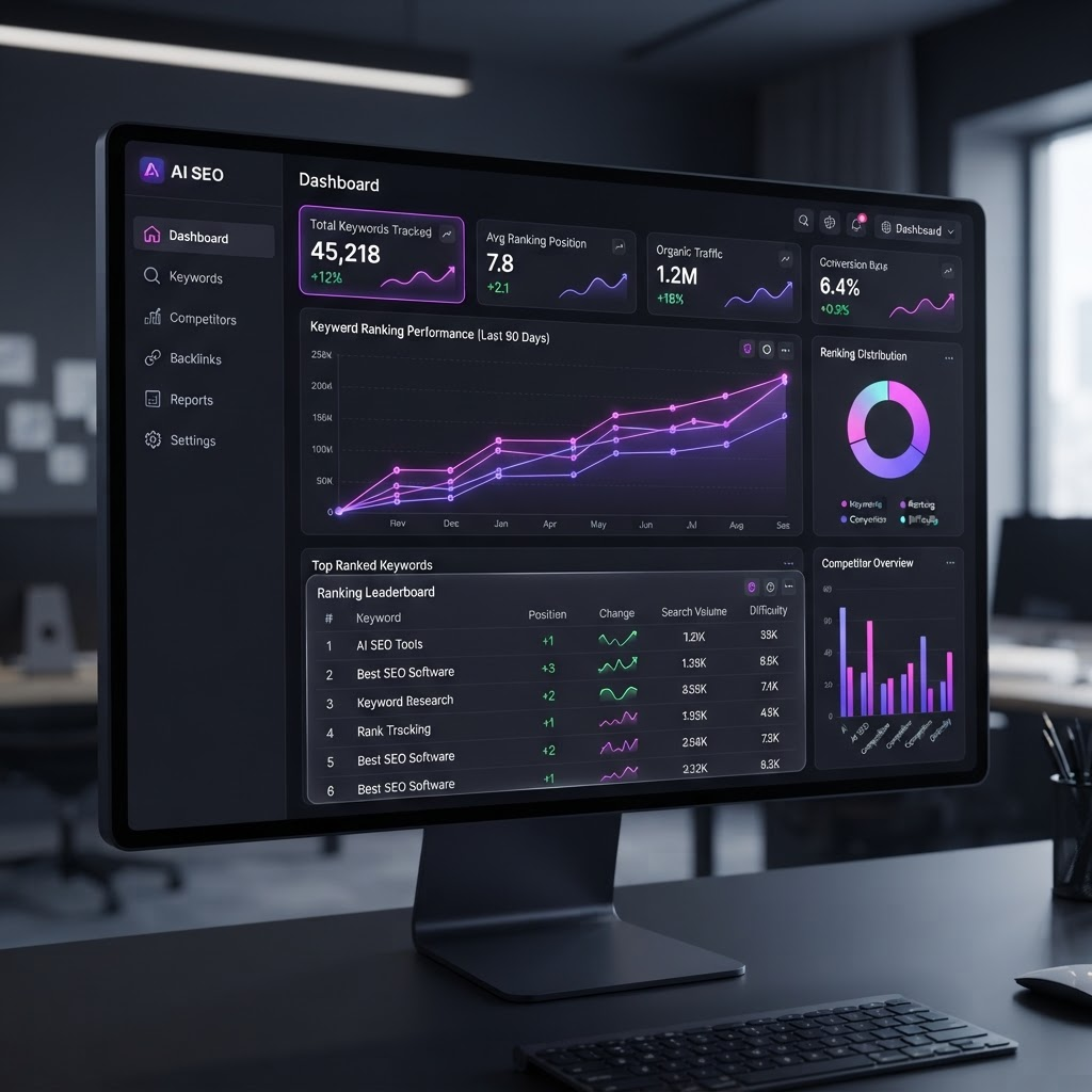RankAI dashboard showing keyword rankings, trend charts, and optimization scores